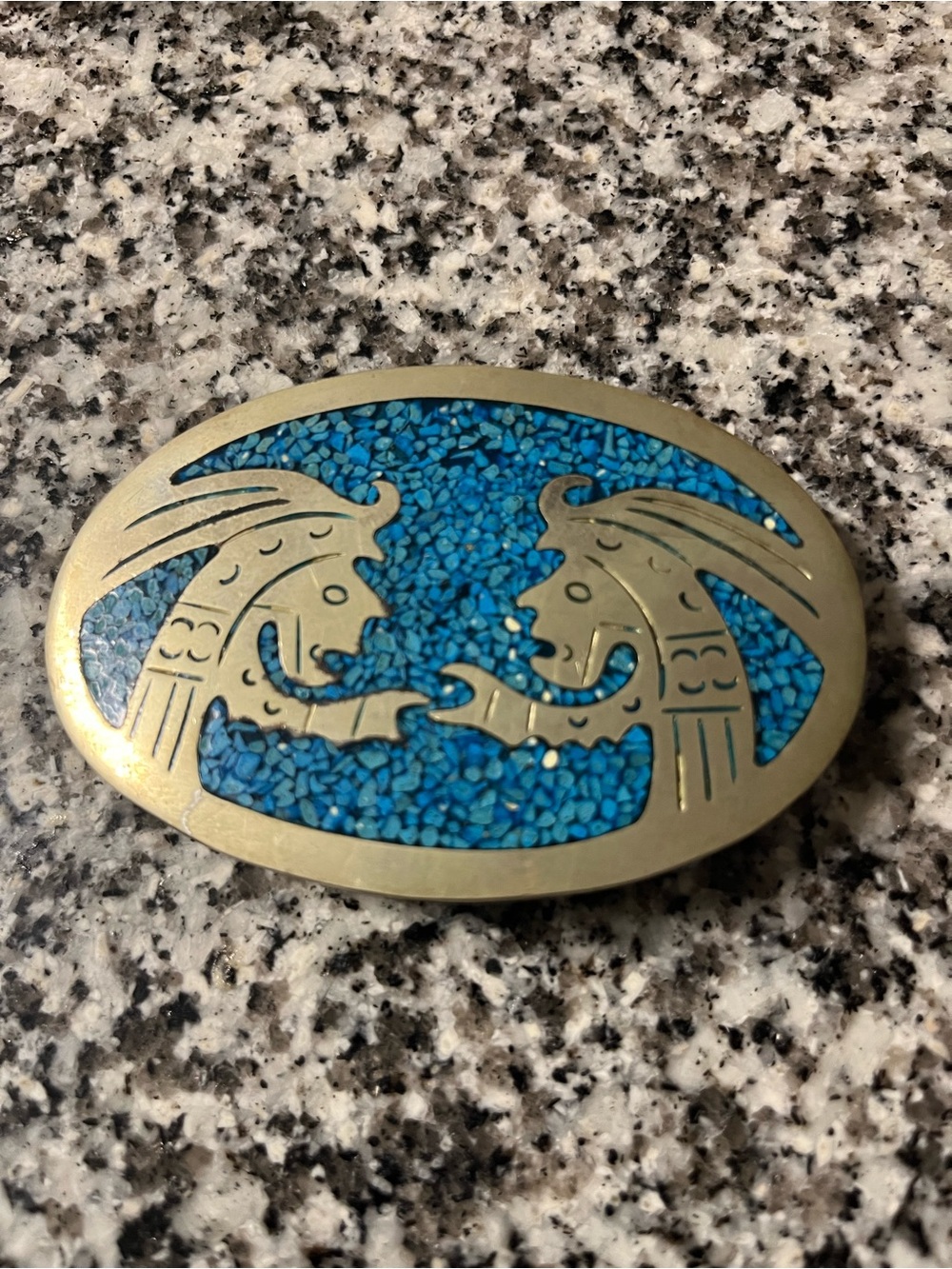 Turquoise Inlay Oval Belt Buckle — Tribal Double Figure Design